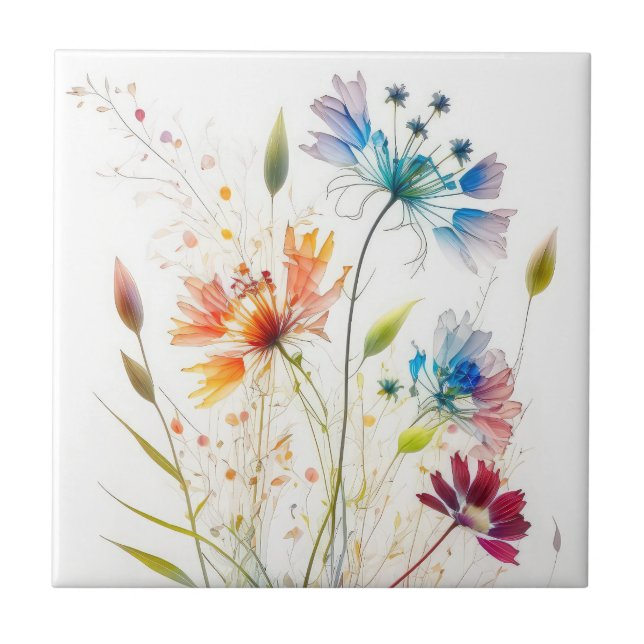 Modern Watercolour Wildflowers Ceramic Tile (Front)