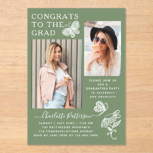 Modern Watercress Butterfly Photo Graduation Party Acrylic Invitations