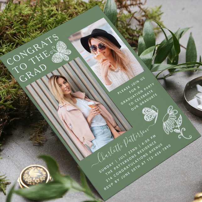 Modern Watercress Butterfly Photo Graduation Party Invitation (Creator Uploaded)