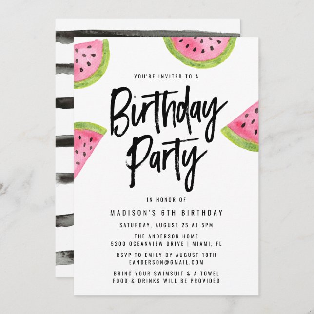 Modern Watermelon Birthday Party Invitation (Front/Back)