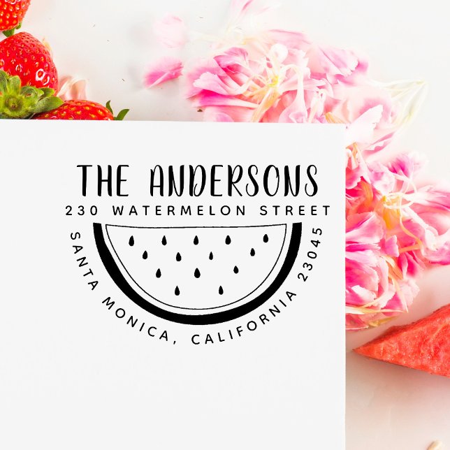 Modern Watermelon Family Name Round Return Address Rubber Stamp (Creator Uploaded)