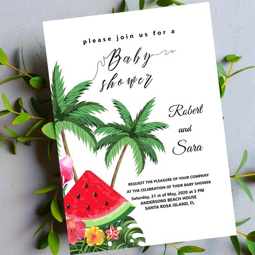 Modern watermelon palm tree Garden baby shower  Invitation