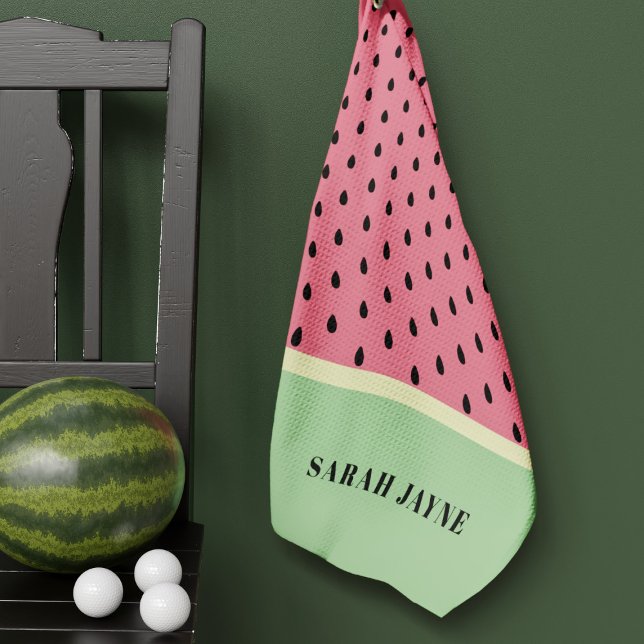 Modern Watermelon Seeds Pattern Pink and Green Golf Towel (🍉Show off your love for this juicy fruit by adding your name. Get ready to hit the golf course! 🍉)