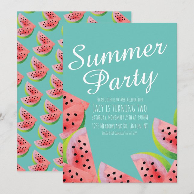 Modern Watermelon Watercolor Summer Party  Invitation (Front/Back)