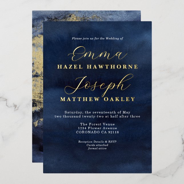 Modern Wave abstract gold midnight blue Wedding Foil Invitation (Front/Back)