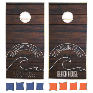 Modern Wave Beach House Brown Rustic Wood Cornhole Set