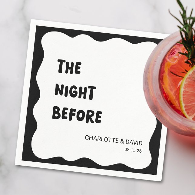 Modern Wave Border Black & White Rehearsal Dinner Napkins (Personalize your rehearsal dinner with these trendy napkins to set a bold & fun tone for the evening)