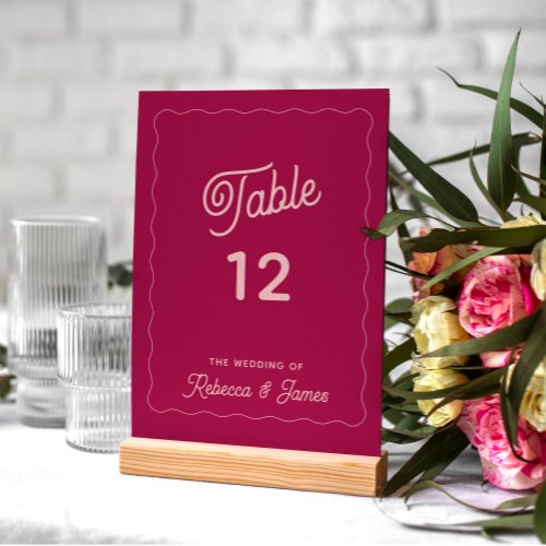 Modern Wave Frame Bold Pink Wedding Table Number