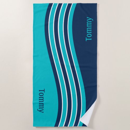 Modern Wave in Aqua Navy Blue and White Stripes Beach Towel