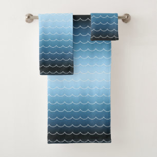 Modern Wave Pattern Calm Blue Gradient Bath Towel Set