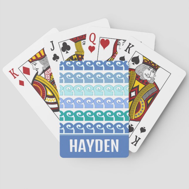 Modern Waves Pattern in Blues Personalised Poker Cards (Back)