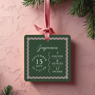Modern Wavy Baby Name Script Birth Stats Photo Metal Ornament