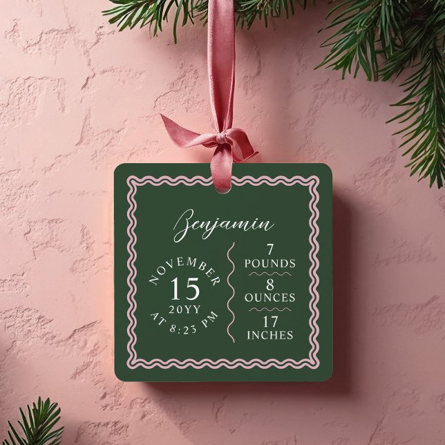 Modern Wavy Baby Name Script Birth Stats Photo Metal Ornament (Modern Wavy Baby Name Script Birth Stats Photo Metal Ornament)