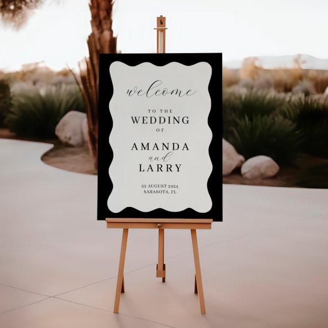 Modern Wavy Black and Cream Wedding Welcome Sign (Creator Uploaded)