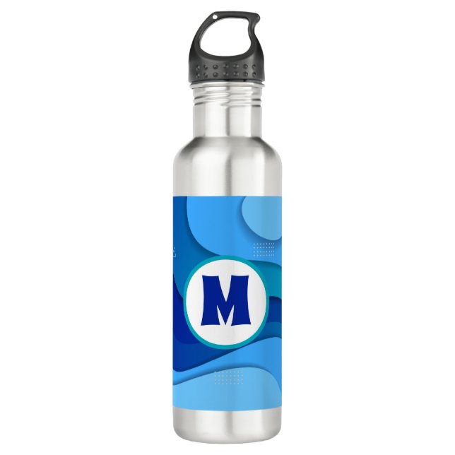 Modern Wavy Blue Abstract Monogram  Stainless Steel Water Bottle (Front)