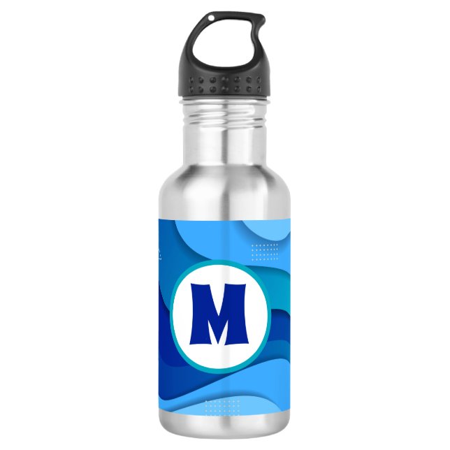 Modern Wavy Blue Abstract Monogram  Stainless Steel Water Bottle (Front)