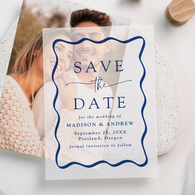 Modern Wavy Blue Frame Wedding Save the Date Vellum Invitations (Creator Uploaded)