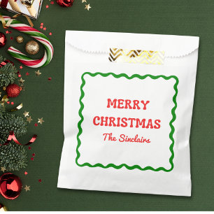 Modern Wavy Border Red & Green Christmas Party Favor Bag