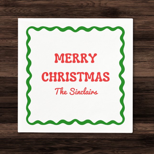Modern Wavy Border Red & Green Christmas Party Napkins (Creator Uploaded)