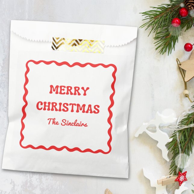 Modern Wavy Border Trendy Red Christmas Party Favor Bag (Creator Uploaded)