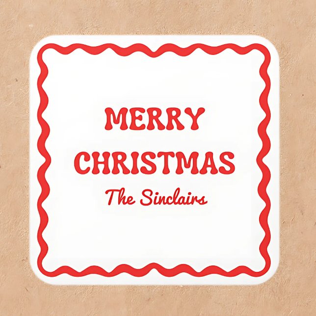 Modern Wavy Border Trendy Red Christmas Party Square Sticker (Creator Uploaded)