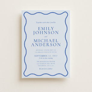 Modern Wavy Bright Blue & Soft Blue Wedding Invita Invitation