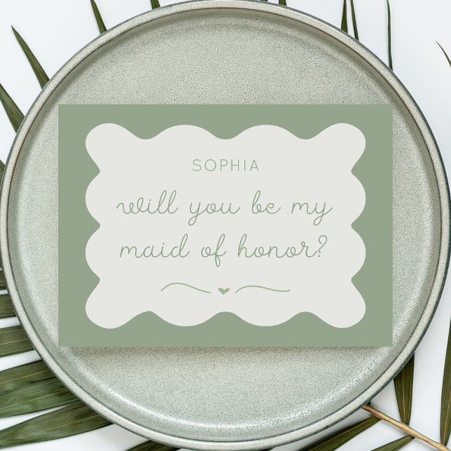Modern Wavy Chic Sage Green Maid of Honor Proposal Note Card (Creator Uploaded)