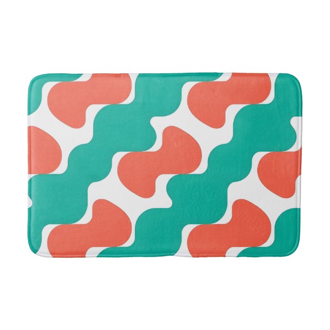 Modern Wavy Diagonal Geometric Teal and Coral Pink Bath Mat (Front)