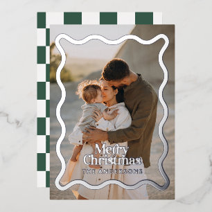 Modern wavy edge check green photo Christmas Foil Invitation
