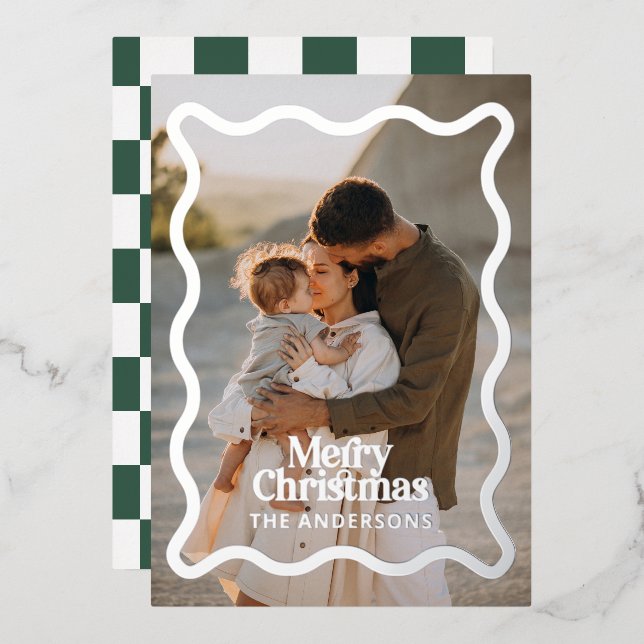 Modern wavy edge check green photo Christmas Foil Invitation (Front/Back)