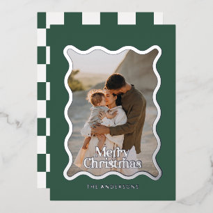 Modern wavy edge check green photo Christmas Foil Invitation