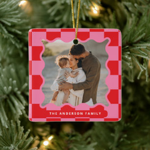 Modern wavy edge check minimal photo Christmas Ceramic Ornament