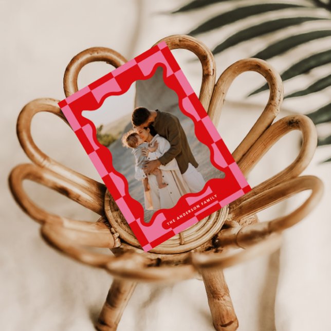 Modern wavy edge check minimal photo Christmas Holiday Card (Creator Uploaded)