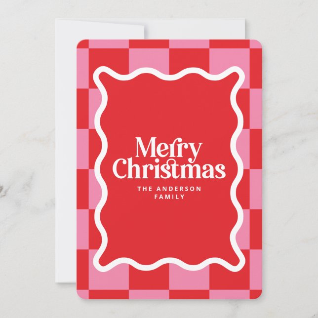 Modern wavy edge check minimal photo Christmas Holiday Card (Front)