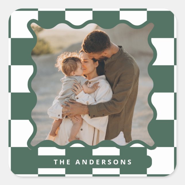 Modern wavy edge check minimal photo Christmas Square Sticker (Front)