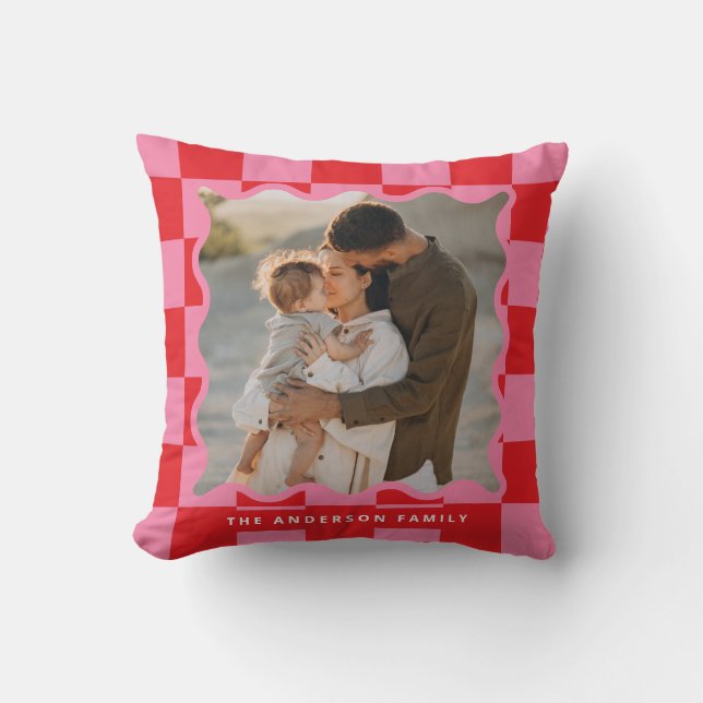 Modern wavy edge check minimal photo Christmas Throw Pillow (Front)