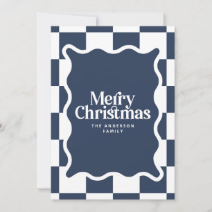 Modern wavy edge check navy blue photo Christmas Holiday Card