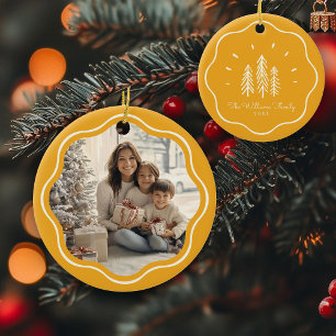 Modern Wavy Frame Family Photo Retro Yellow Ceramic Ornament