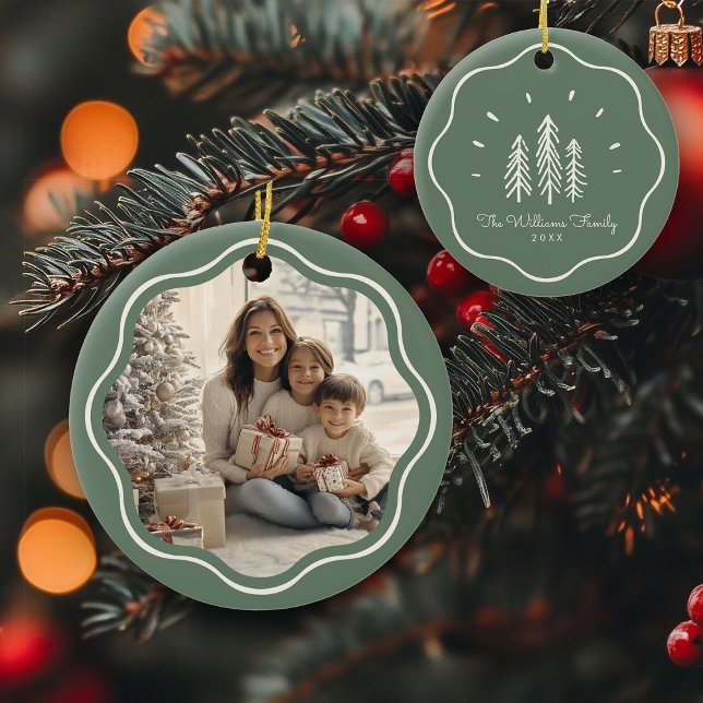 Modern Wavy Frame Family Photo Sage Green Ceramic Ornament (Creator Uploaded)