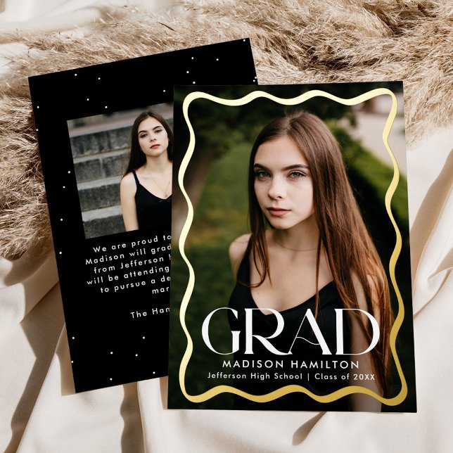 Modern Wavy Frame Grad 2 Photo Graduation Foil Invitation (Creator Uploaded)