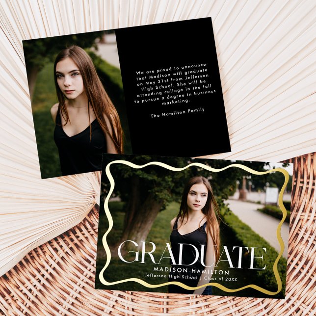Modern Wavy Frame Graduate 2 Photo Graduation Foil Invitation (Creator Uploaded)