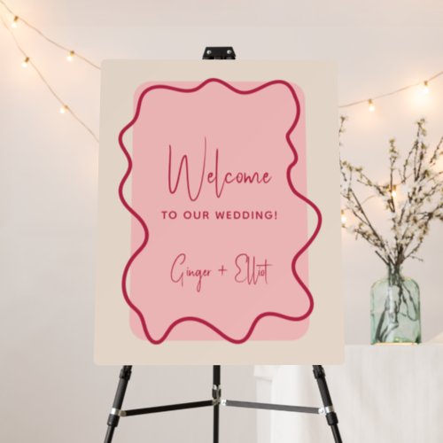 Modern Wavy Frame Magenta Pink Wedding Welcome Foam Board