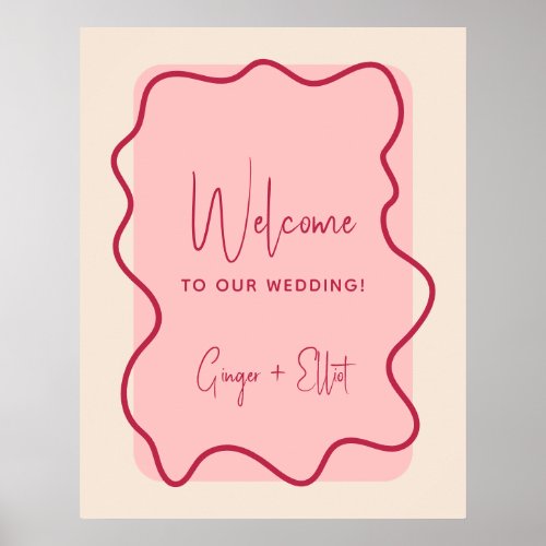 Modern Wavy Frame Magenta Pink Wedding Welcome Poster