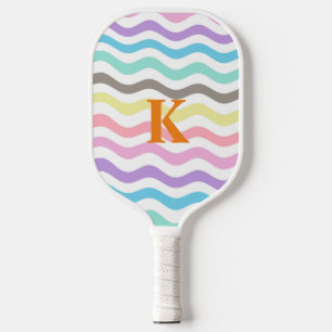 Modern Wavy Lines   Pastel Waves Monogram Pickleball Paddle
