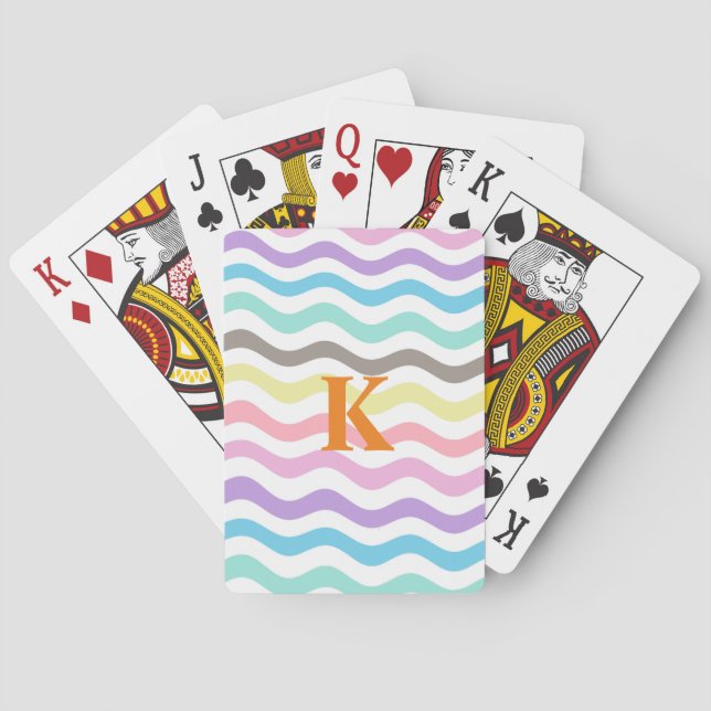 Modern Wavy Lines | Pastel Waves Monogram Poker Cards (Back)