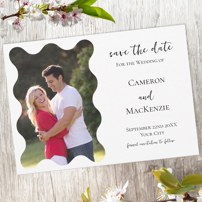 Modern Wavy Photo Wedding Save the Date Invitation (Modern wavy frame photo wedding save the date invitation announcement with custom text)