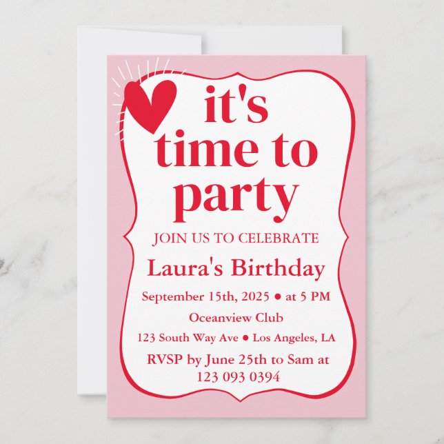 Modern Wavy Pink and Red Birthday Invitation (Front)