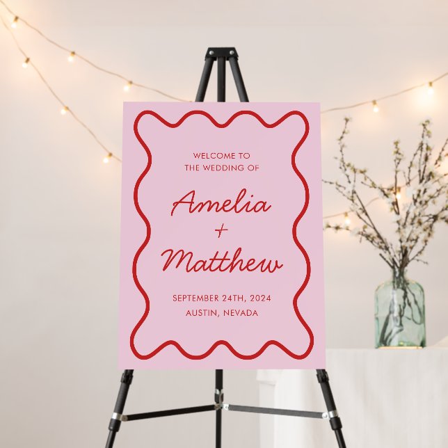 Modern Wavy Pink and Red Retro Squiggle Wedding Foam Board (In Situ (Stand))