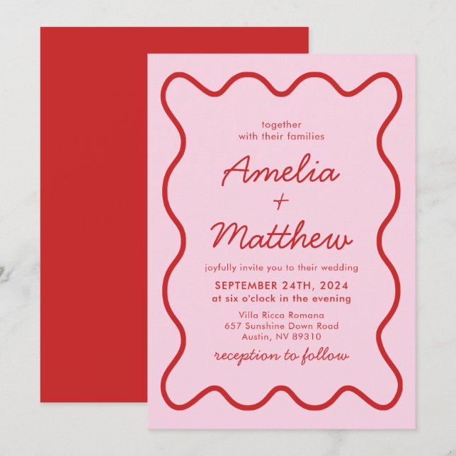 Modern Wavy Pink and Red Retro Squiggle Wedding Invitation (Front/Back)