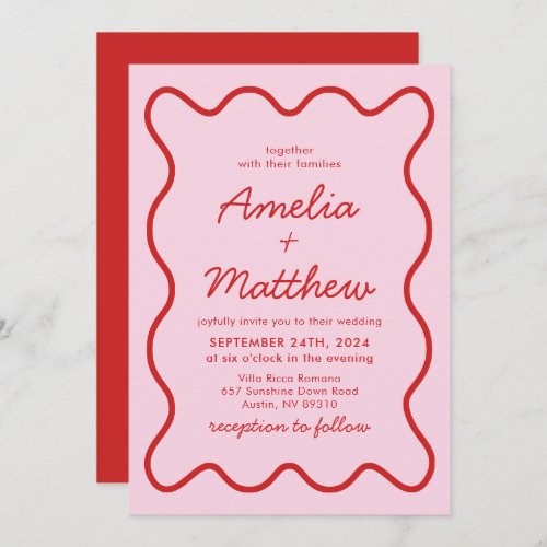 Modern Wavy Pink and Red Retro Squiggle Wedding Invitation